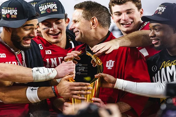 Indiana University football team celebrating National Championship victory showing team culture