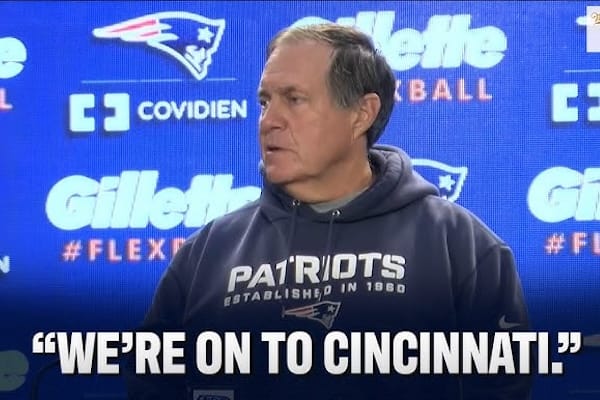 Bill Belichick famous We're On To Cincinnati press conference moment with New England Patriots