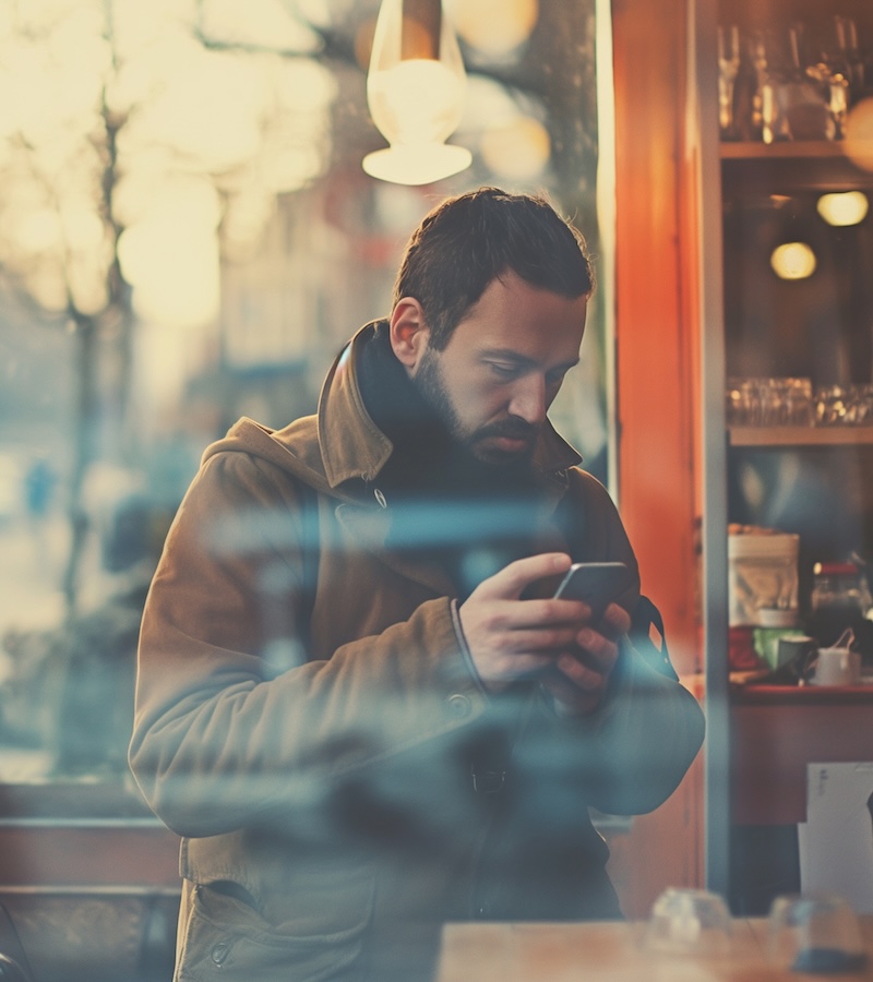 A person on their phone, surrounded by others — connected digitally but isolated in person