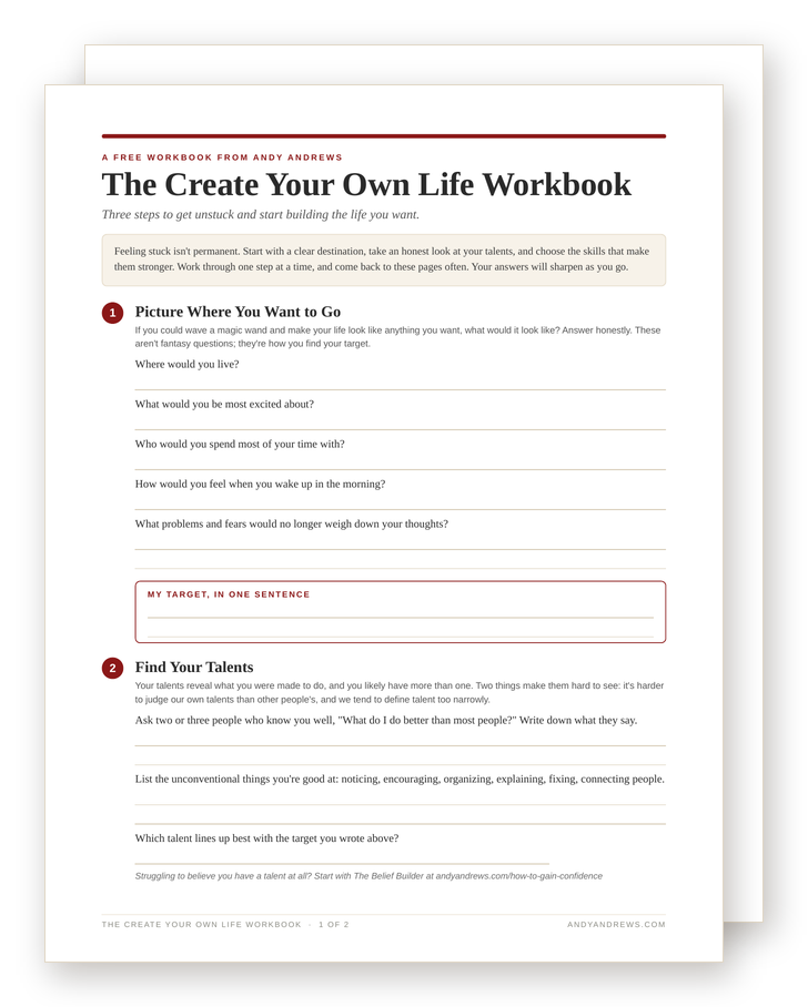 The Create Your Own Life Workbook by Andy Andrews, a free two-page printable