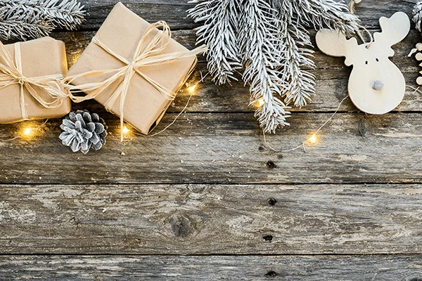 Hallelujah Chorus: wrapped Christmas gifts with pinecones and snowy branches