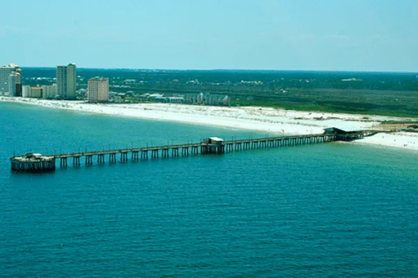 The Gulf State Park Pier stretching into the Gulf of Mexico at Gulf Shores, Alabama